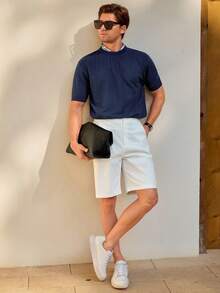 Manfinity Homme Men's Casual Knit Short Sleeve Top, Summer Men's Resort Outfit Cruise Outfit For Men Greece Vacation Outfit Men Blue And White Outfit Men Knit Top Men,Spring/Sunmmer,Holiday  Easter - Army Green - View 3
