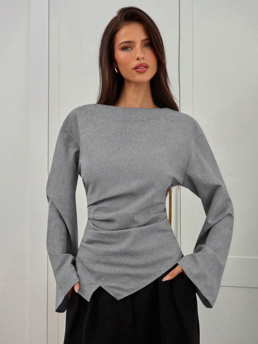 Aloruh Women's Autumn/Winter New Commuting V-Neck Pullover Shirt With Waist Ruching, Asymmetric Hem And Bell Sleeves, Minimalist And Fashionable - Grey - View 1