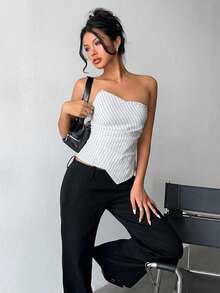 Aloruh Damen Herbst/Winter Neu Pendler Alltags Tragen Taille Raffung Eng Asymmetrisch Plissee Gestreift Dunkelgrau Top - Weiss - Übersicht 6