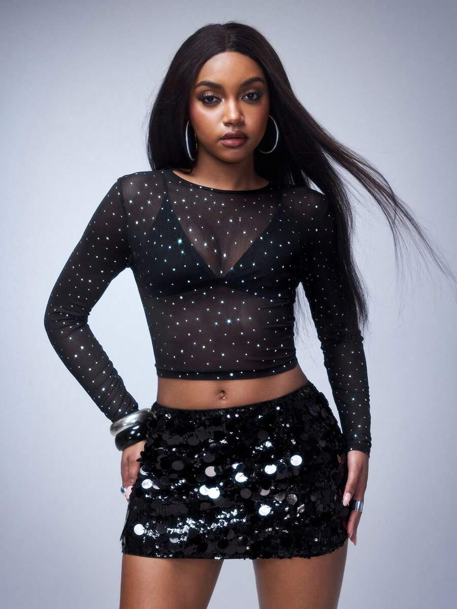 Y2Kool Women's Metallic Silver Foil Polka Dot Print Fitted Long Sleeve T-Shirt, Suitable For Parties, Halloween, Y2K Streetwear, Autumn/Winter Casual Stylish Clothing Collection New Year Outfits Gyaru Graphic Tops Black Tops - Black - View 1