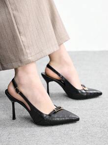 CUCCOO BIZCHIC Retro Elegant Metal Buckle High Heel Sandals, Vintage Chic, Lightweight Commuter Style, Metal Buckle Decor Enhances Elegant, Suitable For Professional Women's Commute, Also Fits Semi-Formal Occasions Like Dates And Light Dinners Valentine's Day - Black - View 6