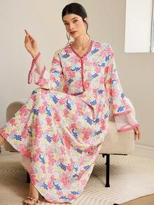 Al Najma 女士优雅印花V领阿拉伯风格连衣裙 - 粉色 - 查看 7