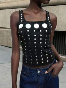 Maija 2026 Women's Square Neck Sequin Casual Tank Top, Winter Clothes For Women, Christmas Clothes, New Year Clothes, Thanksgiving, Stylish Clothing Collection, Glitter Top, Black Top,Modern City, New Fashion - Black - View 2