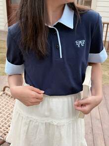 DAZY 少女休闲日常通勤上学风蝴蝶结刺绣撞色滚边短袖Polo衫，夏季 - 藏蓝色 - 查看 1
