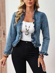 EMERY ROSE Women's Solid Color Ruffle Trim Regular Shoulder Casual Short Denim Jacket - Blue - View 6