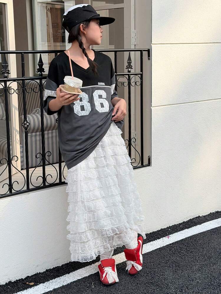 Tween Girls' Colorblock V-Neck Casual Loose Fashion Summer Versatile T-Shirt