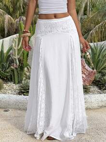 Livesso 春夏镂空蕾丝拼接优雅收腰A字裙，休闲沙滩度假雪纺女裙 - 白色 - 查看 7