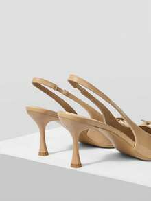 Mnmlis Sandalias de tacón alto elegantes y de moda con diseño de hebilla y punta puntiaguda sin respaldo para mujer - Caqui - Ver 5