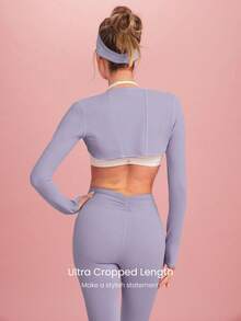 GLOWMODE FeatherFit™ Cropped Limitless Long Sleeve Tank Shrug Top With Thumbhole Low Impact Yoga Pilates Daily Summer - Purple - View 2
