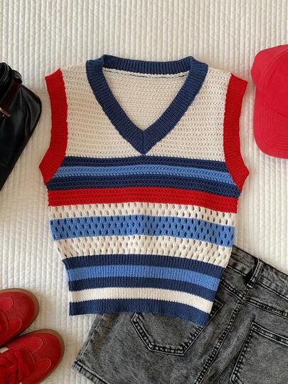 Comfortcana Women's V-Neck Contrast Stripe Hollow Out Preppy Cute Fashion Casual Everyday Knit Tank Top, Suitable For Spring/Summer