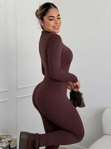 Maria Perezxox Women's Streetwear Solid Color Long Sleeve Half Zip Jumpsuit, Autumn - Brown - View 4