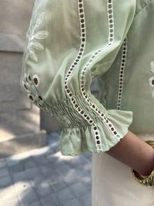 Solivie Women's Spring/Summer Embroidered Blouse, Green Top, Elegant For Vacation, Outings, Easter Summer Tops Summer Holiday Outfits - Mint Green - View 8