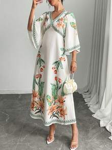 Al Najma Women's V-Neck Ruffle Hem Printed 3/4 Sleeve A-Line Dress - Multicolor - View 4