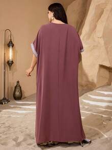 Al Najma Plus Size Women's V-Neck Rhinestone Decor Elegant Luxurious Arabic Style Dress, Everyday Wear - Pink - View 2