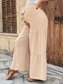 SHEIN 孕妇纯色打结腰阔腿宽松裤，夏季女装，春季女装，春假必备 - 卡其色 - 查看 3
