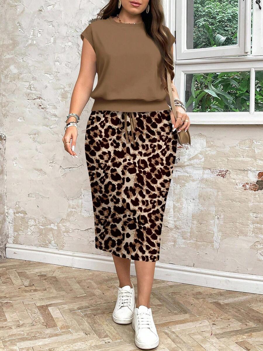 SHEIN LUNE 2 件套休闲宽松圆领全印花豹纹裙子和上衣套装，适合大码女士秋冬季裙子两件套 - 棕色 - 查看 1