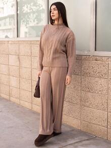 Andrea Bello Women's Khaki Crew Neck Long Sleeve Casual Sweater Top And Pants 2-Piece Set, Winter Outfit,Fall,Fall Clothes For Women - Khaki - View 6