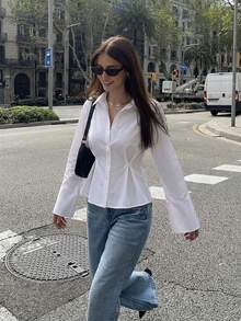 Firerie Women's Chic White Elegant Office Long Sleeve Blouse,Minimalist Autumn Commute A-Line Peplum Hem Shirt,Plain Pleat Button Fitted Collared Blouse,Fall - White - View 9