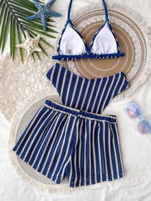 SHEIN 3pcs/Set Bohemian Style Crochet Fabric Drawstring Bikini Set With Cover Up For Teen Girls - Multicolor - View 2