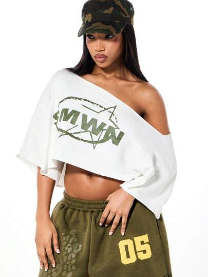 SUMWON WOMEN Off Shoulder Oversized Top With Graphic Logo Print And Relaxed Slouchy Batwing Sleeves For Casual Everyday Wear