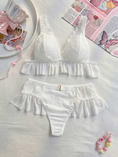 PetitDoll 2pcs Lace Contrast Mesh Sexy Lingerie Set, Wedding Season Wedding