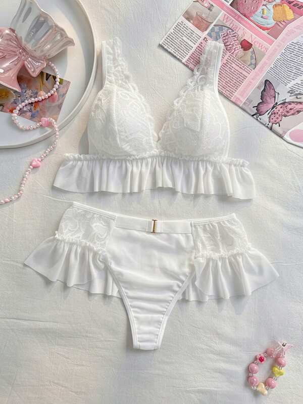 PetitDoll 2 piezas Conjunto de lencería sexy con contraste de encaje y malla, temporada de bodas