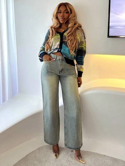 Mariisbox Slant Pocket Wide Leg Jeans,Baggy Jeans