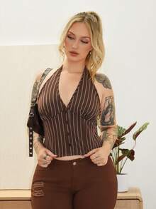 Arliah Women Cotton Striped Stand Collar Single-Breasted Vest Thin Blazer In Fall/Winter - Brown - View 4