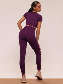 SHEIN BAE Women Plain Solid Color Crew Neck Short Sleeve Top And Stretchy Seamless Long Pants Athletic Sportswear Set Workout Women Set Women Leggings Set Gym Women Outfit - Red Violet - View 4