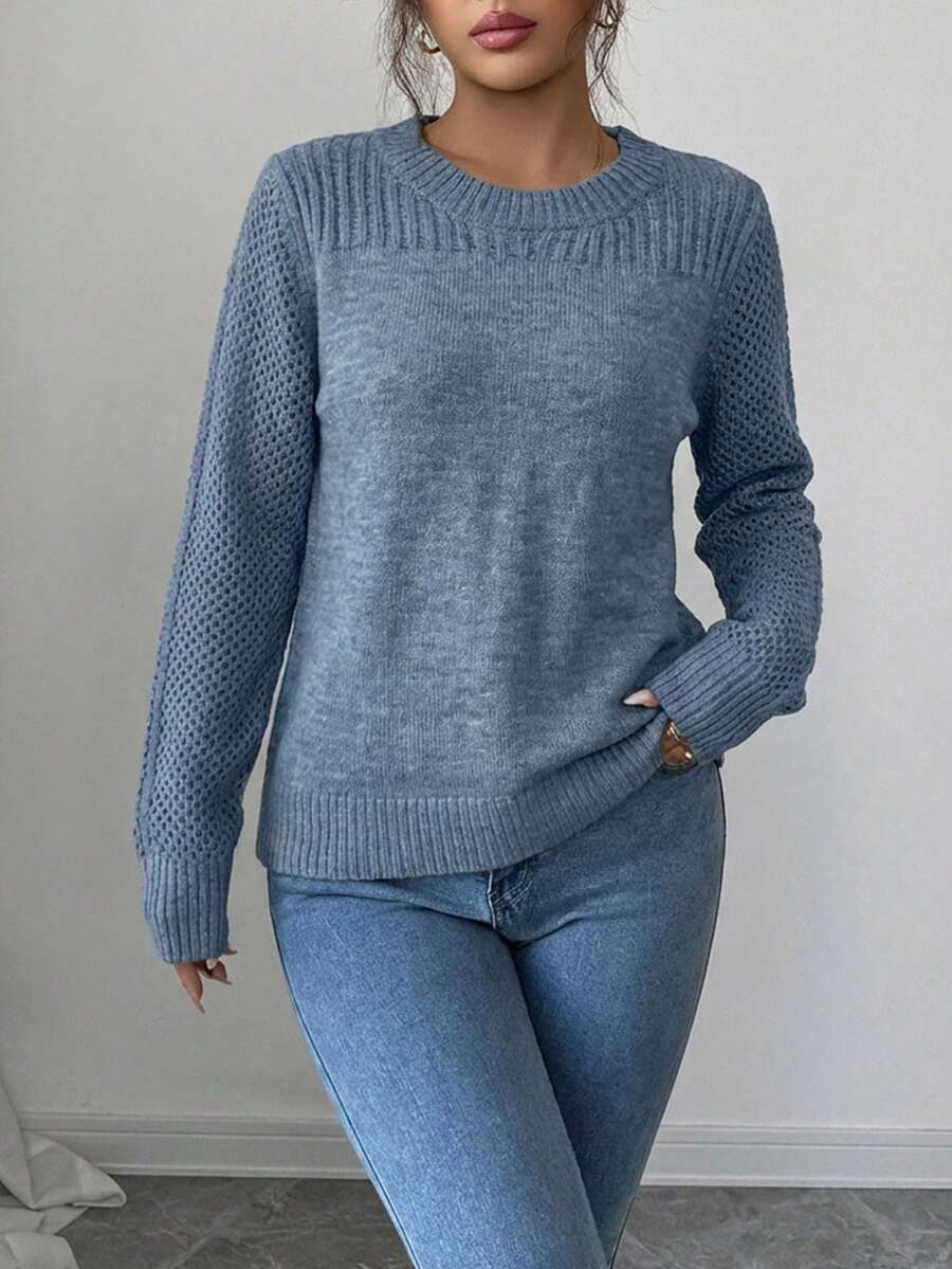 EURMUSE Casual Solid Color Crew Neck Sweater, Autumn/Winter - Dusty Blue - View 1