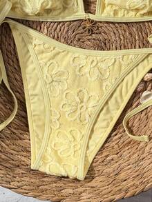 SHEIN Swim Mod 2026 Spring/Summer Yellow Floral Special Fabric Spaghetti Strap Halter Backless Drawstring Side Solid Color Women Bikini Set Set, Suitable For Beach Photography, Sweet Vacation Butter Yellow Two Piece Set Butter Yellow Bikini Yellow Bathing Suit Set Lemon Bathing Suit Textured Bikini - Yellow - View 5