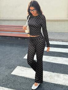Aidyla 2pcs Black Background White Polka Dot Long Sleeve Fitted Casual Women Set - Black and White - View 5