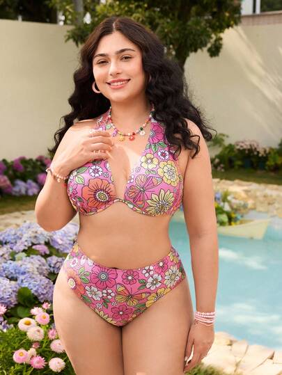 Swim Mod Plus Size Floral Print Halter Tie Back Sexy Bikini Set Set, Summer