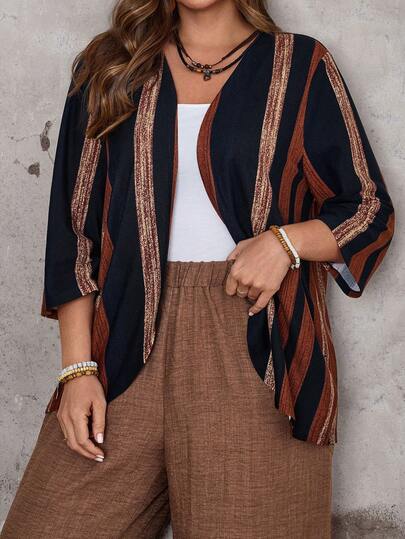 EMERY ROSE Plus Size Women Casual Printed Open Front Jacket