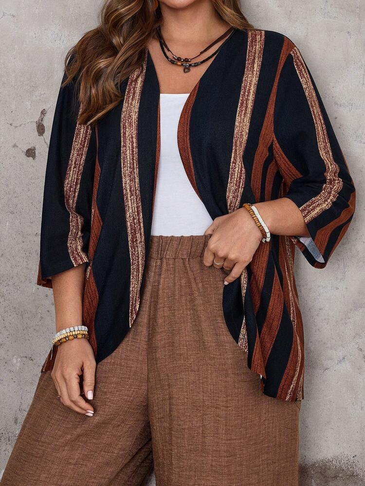 Plus Size Women Casual Printed Open Front Coat For Summer/ Vacation Summer For Women Boho Summer Carnival Costume For Women Beach Holidays Going Out Top
