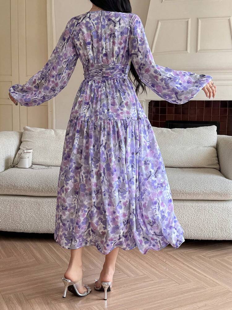 French Elegant V-Neck Long Sleeve Waist Cinched Floral Print A-Line Dress For Women Dress Sundress