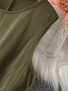 SHEIN LUNE 大码纯色贴花圆领休闲百搭无袖连衣裙 - 橄欖綠 - 查看 4