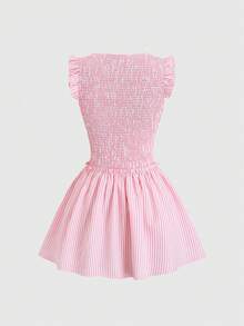 Sweetra Women's Pink Striped Summer Dress With Puff Sleeves, Frill Trim, A-Line Design, Cute & Romantic Beach Holiday Style - Pink - View 2