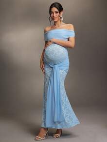 Cheriluna Maternity Light Blue Maternity Mermaid Hem Elegant Design Fitted Long Lace Dress Off Shoulder Dress Maternity Outfit, Summer - Multicolor - View 3