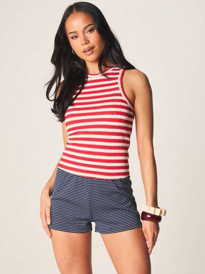 MISSGUIDED ملابس علوية أكمام بلا أكمام مخطط أفقي بنمط مخطط، رقبة دائرية، قالب مناسب، ملابس علوية صيفي كاجوال