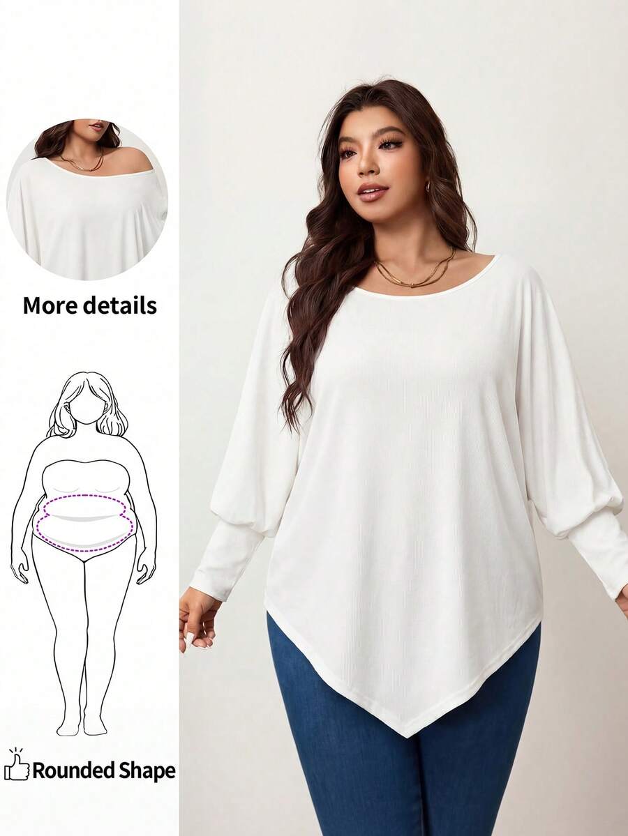 Enliva Áo thun nữ cỡ lớn tay cánh dơi bất đối xứng, màu trơn, vai lệch, dáng rộng, thoải mái, thích hợp mặc mùa thu và mùa đông, cho dáng người quả táo và tròn trịa.