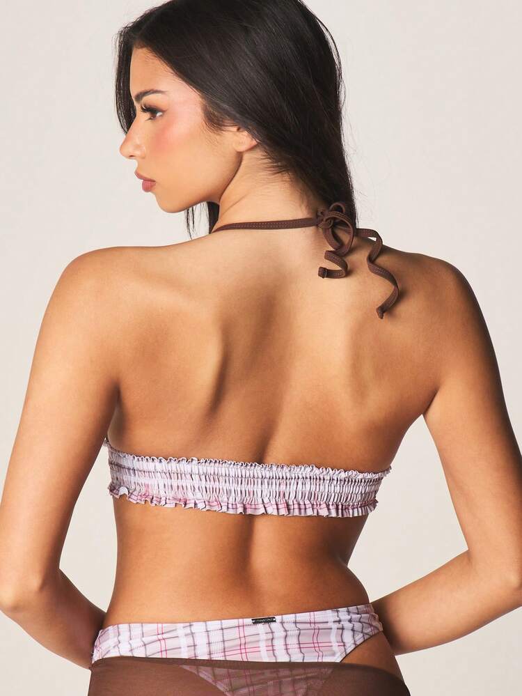 MISSGUIDED Beach Checkered Print Bikini Top With Plunging V-Neck Halter Straps And Ruched Smocked Band Detail