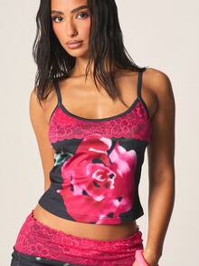 MISSGUIDED Rose Print Lace Trim Cami Tank Top And Bodycon Mini Skirt Two Piece Floral Co Ord Set Summer Outfit - Multicolor - View 5