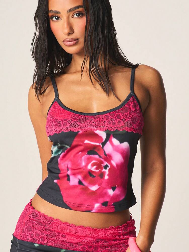 MISSGUIDED Rose Print Lace Trim Cami Tank Top And Bodycon Mini Skirt Two Piece Floral Co Ord Set Summer Outfit