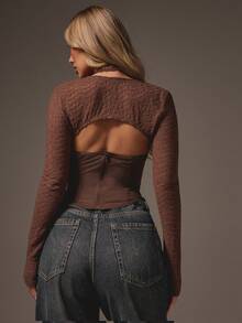 MISSGUIDED Lace Trim Halter Corset Top With Long Sleeve Shrug Brown Textured Fall Winter Evening Fashion - Coffee Brown - View 2