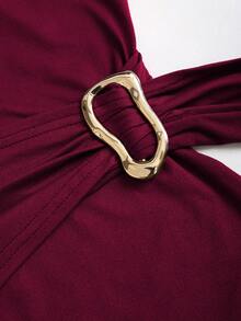 Sweetra 棕色针织高弹面料，金属扣装饰，圆领无袖修身侧边荷叶边系带腰身迷你连衣裙，优雅百搭，适合派对、工作、复古、简约等多种场合，四季皆宜。 - 酒紅色 - 查看 3