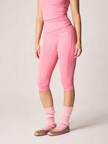 Missguided x Playboy 高腰七分紧身裤，采用折叠腰带和侧边褶皱设计，适合瑜伽和健身活动 - 珊瑚粉 - 查看 1