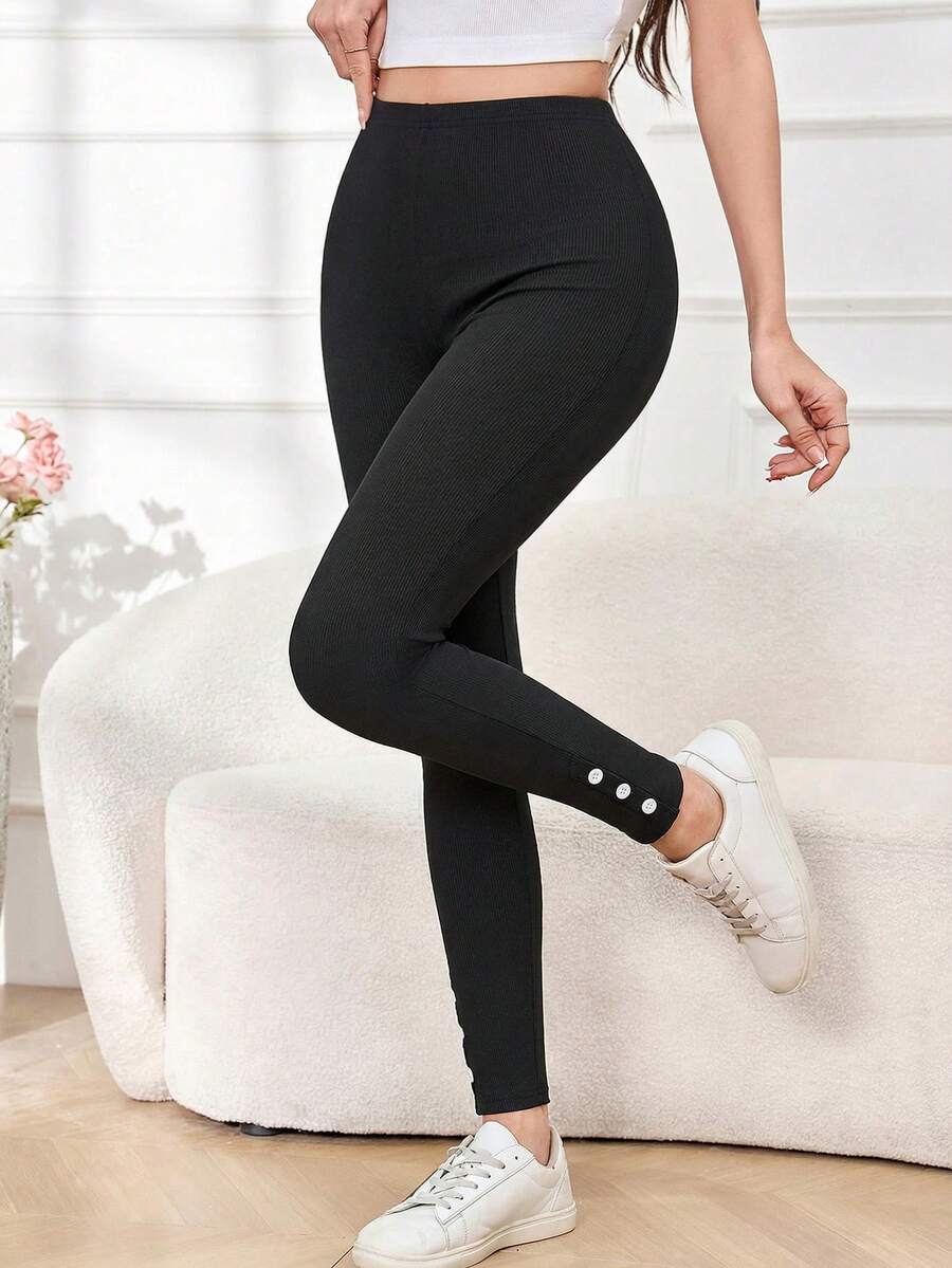 Modelyn 黑色针织弹力腰修身休闲打底裤（女款） - 黑色 - 查看 1