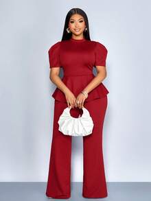 SOLERSUN Women's Elegant Party Summer Red And White Textured Puff Sleeve High Neck Backside Button Bow Cut-Out Waist Slim Fit Top & Long Pants Vintage Set - Burgundy - View 7