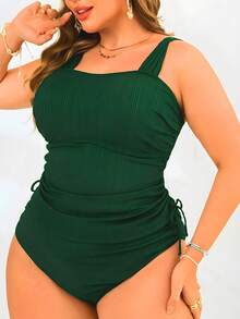 Swim Lushoire Plus Size 2pcs Solid Color Tankini Swimsuit Set, Wide Strap Top With Drawstring Bottom, Pleated Casual Minimalist Mature Plus Size Swimwear - Green - View 6